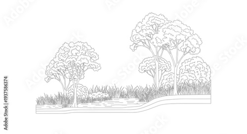 Line art landscape with trees, grass, and water stream, natural environment illustration