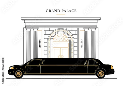 Elegant Black Stretch Limousine Arriving at Grand Building Entrance With Columns and Arched Doorway Architectural Design Elements