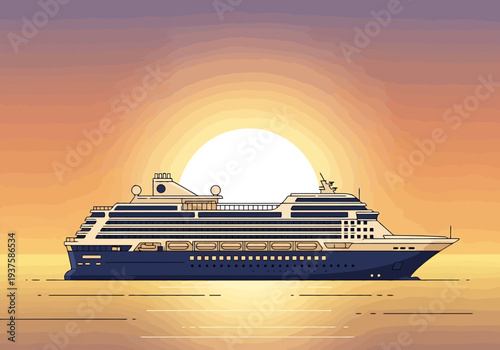 Modern Passenger Ship Sails on Calm Ocean During Vibrant Sunset with Golden Reflection on Water Surface