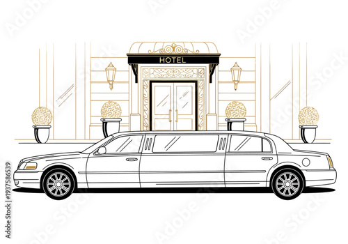 Elegant Limousine Parked Outside Luxurious Hotel Entrance With Ornate Architectural Details And Designer Lighting Fixtures Creating A Sense Of
