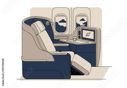 Modern Airplane First Class Cabin Seat With Entertainment System and Window View of Clouds