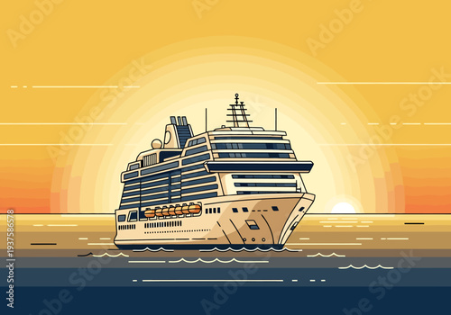 Large Passenger Ship Sailing on Calm Water During Sunrise With Golden Sky and Sun Disk Visible Behind Ship Silhouette