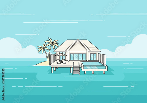 Tropical Island Bungalow With Private Pool Overlooking Ocean Horizon Remote Getaway Relaxation Destination Scene