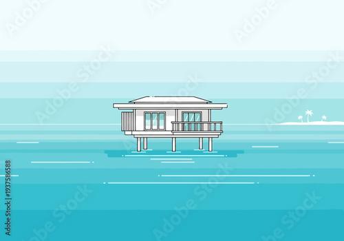 Minimalist tropical bungalow stands on stilts over calm turquoise ocean water with distant island silhouette background