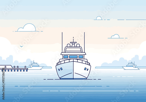 Modern Luxury Yacht Sails on Calm Ocean Waters Near Harbor With Multiple Vessels Docked Under a Pastel Sky