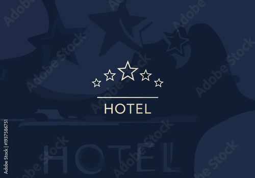 Elegant Five Star Hotel Emblem with Celestial Star Accents and Business Accommodation Symbol Set Against Deep Blue Background Backdrop