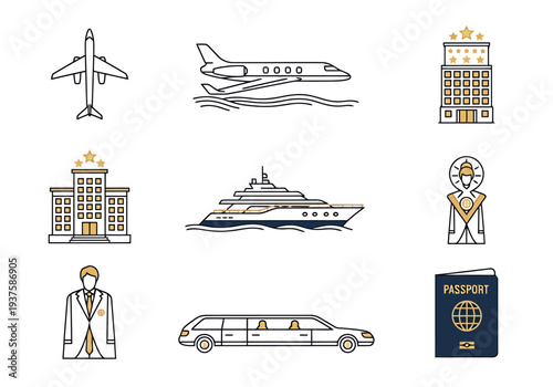 Collection of luxury transportation and accommodation icons for travel and leisure services including airplane private jet yacht hotel limousine and