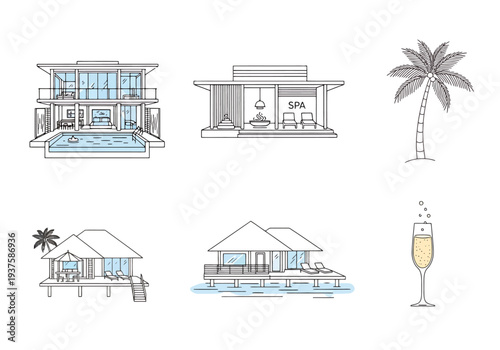 Luxury Tropical Resort Buildings Overwater Bungalow Private Villa Poolside Relaxation Palm Tree Tropical Beverage Illustration Set