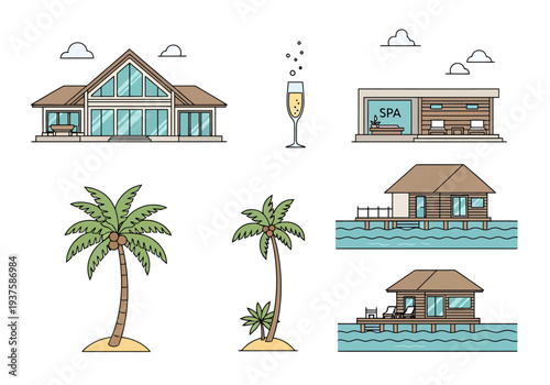 Luxury Resort Elements Featuring Modern Architecture Tropical Palms and Overwater Bungalows for Vacation Concepts