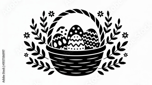 Decorated easter eggs in a basket surrounded by leaves and flowers black and white illustration symbolizing spring and new life
