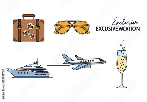 Set of luxury travel elements including a suitcase sunglasses airplane yacht and champagne glass for exclusive vacation concepts