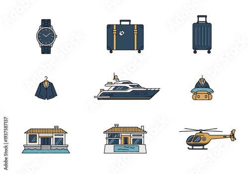 Collection of Luxury Lifestyle Symbols Including Watch Luggage Yacht Helicopter House and Formal Wear for Wealth and Travel Concepts
