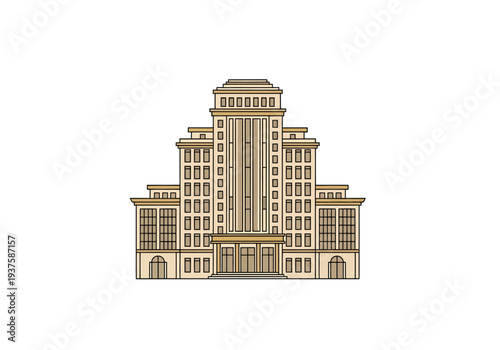 Grand Office Building Facade with Many Windows and Architectural Details Isolated on White Background Vector Art