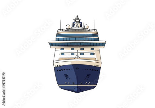 Front View of Large Blue and White Passenger Ship with Multiple Decks and Antennas on White Background Isolated Transportation Maritime Travel