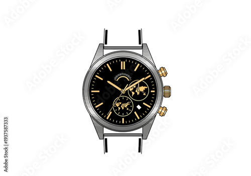 Elegant Modern Wrist Watch With World Map Sub Dials And Golden Accents On White Background