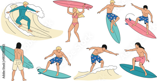 People Surfing on Ocean Waves with Surfboard Summer Beach Water Sport Surfers Riding Waves Cartoon Vector Illustration Set