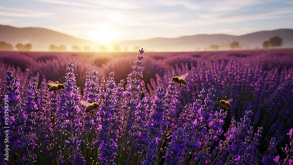 Obraz premium Golden Sunrise Over A Vibrant Lavender Field With Butterflies.
