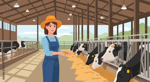 Smiling female farmer in a straw hat and overalls tending to her happy dairy cows eating hay in a clean, modern barn environment, illustrating sustainable agriculture practices