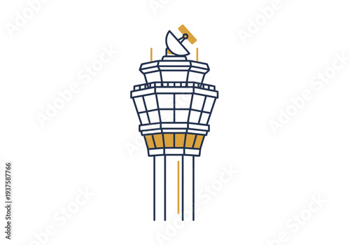 Modern air traffic control tower with communication antenna and radar dish providing aviation navigation and guidance for aircraft landing and takeoff