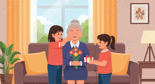 Joyful family moment as two loving grandchildren present flowers and a special gift to their happy grandmother, celebrating a cherished occasion in a cozy home environment