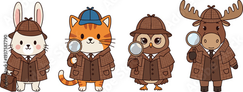 Cute Animal Detectives Set with Rabbit Cat Owl and Moose in Sherlock Holmes Costume Holding Magnifying Glass Cartoon Vector Illustration