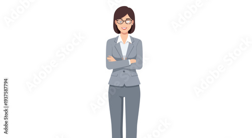 Professional businesswoman with glasses and arms crossed, standing confidently in a grey suit against a white background