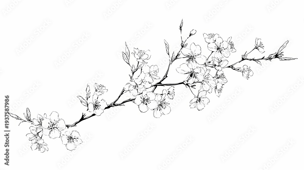 Fototapeta premium Delicate Cherry Blossom Branch Illustration in Black and White.