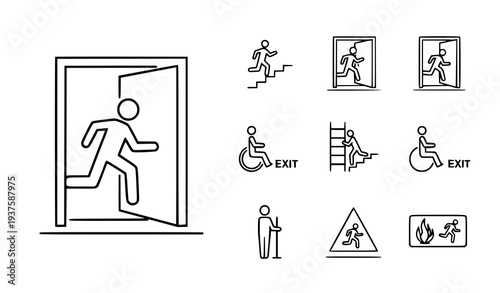 A set of minimalist exit and emergency icons in flat design style