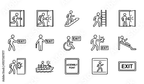 A set of vector icons depicting emergency exit and evacuation procedures