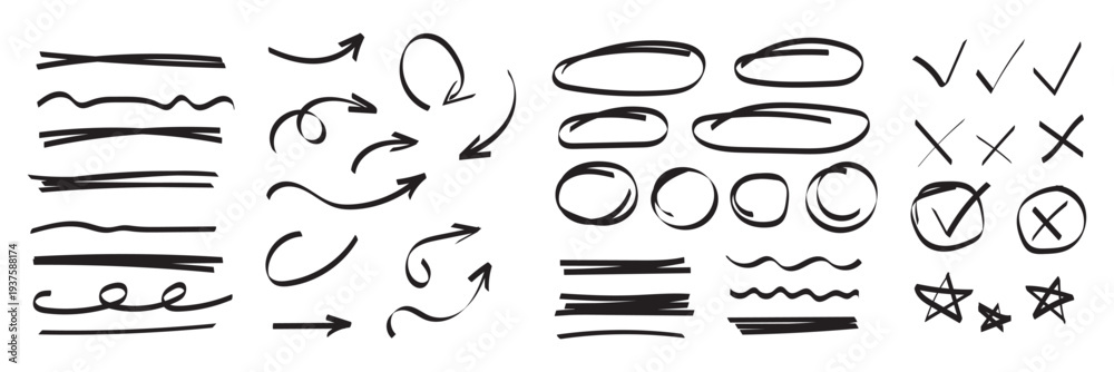 © Daishin - Arrow, circle, underline marker hand pen set. Arrow line marker hand drawn brush pencil sketch. Doodle check, cross, star oval round icon sign symbol texture rough. Vector illustration