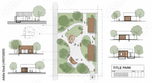 Architectural Plan of a Modern Park with Green Spaces and Buildings