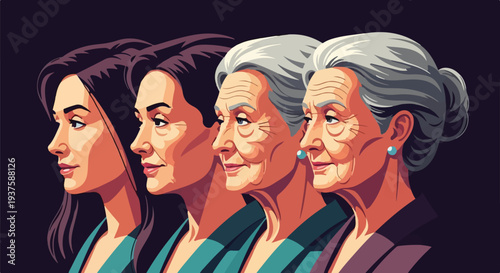 Conceptual illustration depicting a woman's life progression through graceful aging, from youth to wisdom, symbolizing the passage of time and human evolution