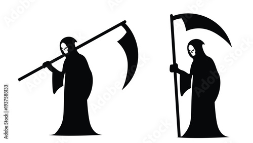 Grim Reaper Silhouette with Scythe Death Symbol Halloween Vector Illustration