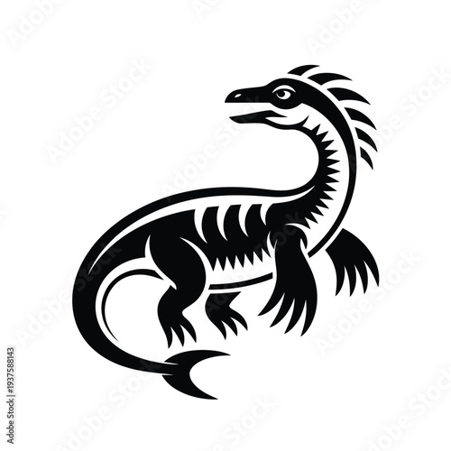 Stylized black and white illustration of a velociraptor dinosaur
