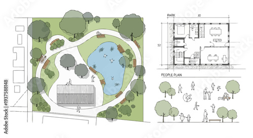 Architectural plan and park design with people figures, trees, and building blueprint