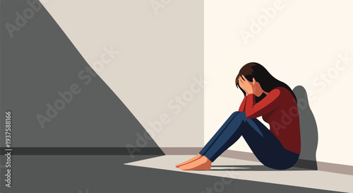 A solitary woman sits in a dark, shadowed room, overwhelmed by feelings of despair and emotional pain, symbolizing mental health challenges and inner struggle