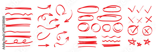 Arrow, circle, underline marker hand pen set. Arrow line marker hand drawn brush pencil sketch. Doodle check, cross, star oval round icon sign symbol texture rough. Vector illustration