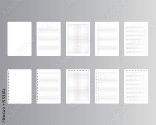 Notebook Paper Pages Set with Blank Lined Grid and Dotted Sheets Vector Collection