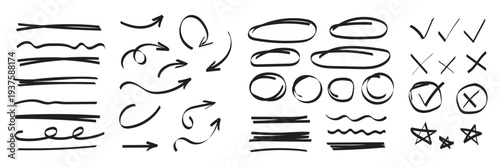 Arrow, circle, underline marker hand pen set. Arrow line marker hand drawn brush pencil sketch. Doodle check, cross, star oval round icon sign symbol texture rough. Vector illustration