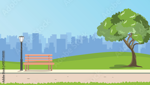 Urban Park Landscape with Tree Bench and Street Lamp City Skyline Background Vector Illustration