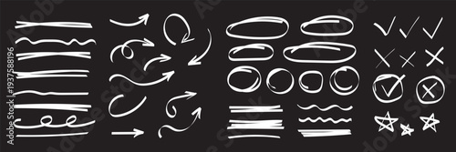 Arrow, circle, underline marker hand pen set. Arrow line marker hand drawn brush pencil sketch. Doodle check, cross, star oval round icon sign symbol texture rough. Vector illustration