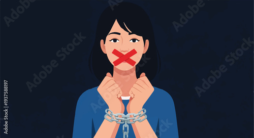 Woman silenced and bound by chains, symbolizing oppression, lack of freedom, and human rights violations, depicting a victim's struggle for voice