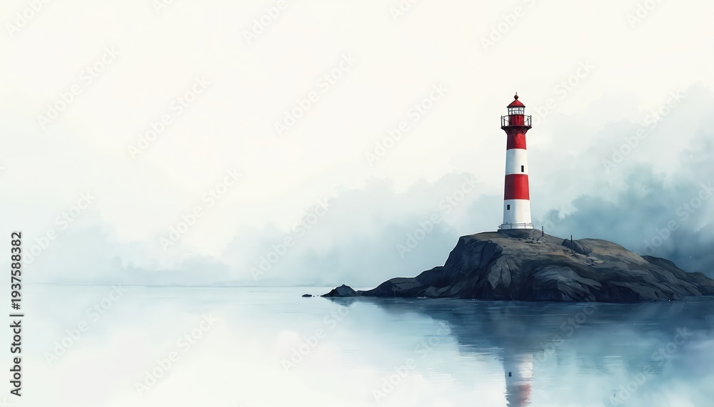 Naklejka premium Watercolor painting of red and white lighthouse on rocky island. Calm sea water reflects structure. Soft mist obscures distant shore. Beacon stands guard.