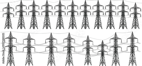 Two rows of black silhouette high voltage electricity pylons with wires on a white background Keywords: electricity, power