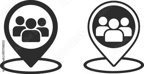 Two dark gray silhouette location pins with groups of people icons on white Keywords: location, pin, map marker, people, group