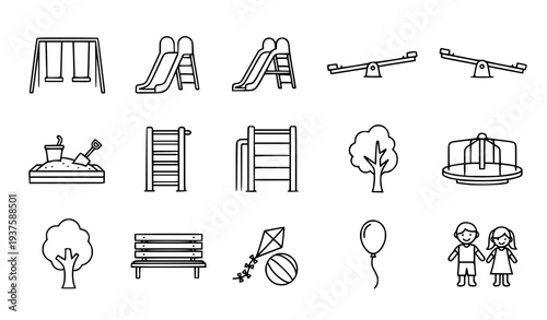 A set of black and white line art illustrations of various playground equipment and objects