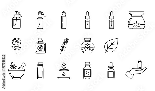 A set of minimalist icons representing various essential oil products and botanicals