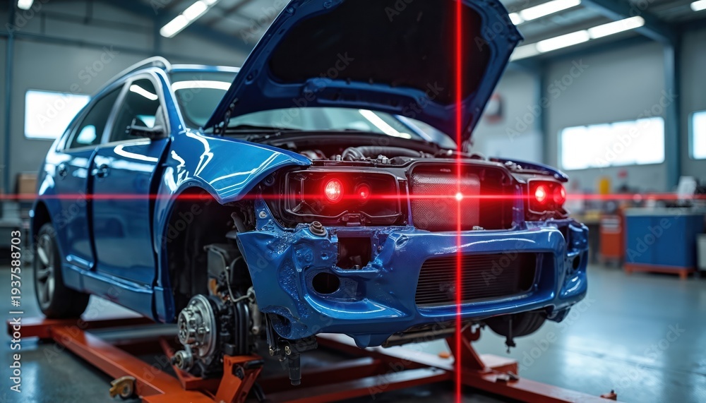Naklejka premium Blue car body disassembled on repair stand with red laser alignment guides in garage. Auto mechanic measuring frame for structural damage. Vehicle undergoing fixing process.