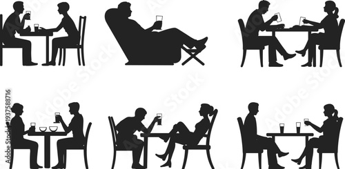 Silhouettes Of People Sitting At Tables Drinking And Relaxing In Different Poses vector illustration