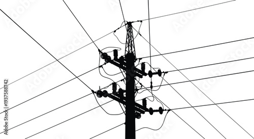 Silhouette of Utility Pole with Tangled Electrical Wires Keywords: utility pole, power pole, electricity, wires, cables, power